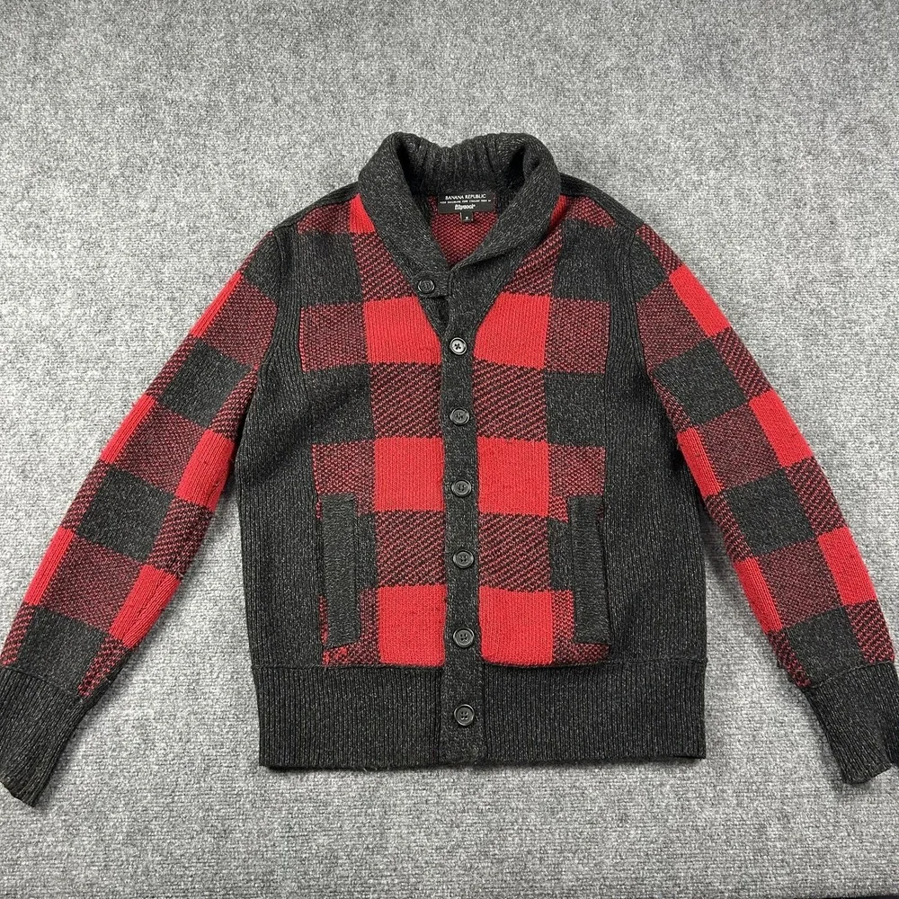 Banana Republic Cardigan Sweater Mens Medium Red‎ Plaid Shawl Collar Flipucci